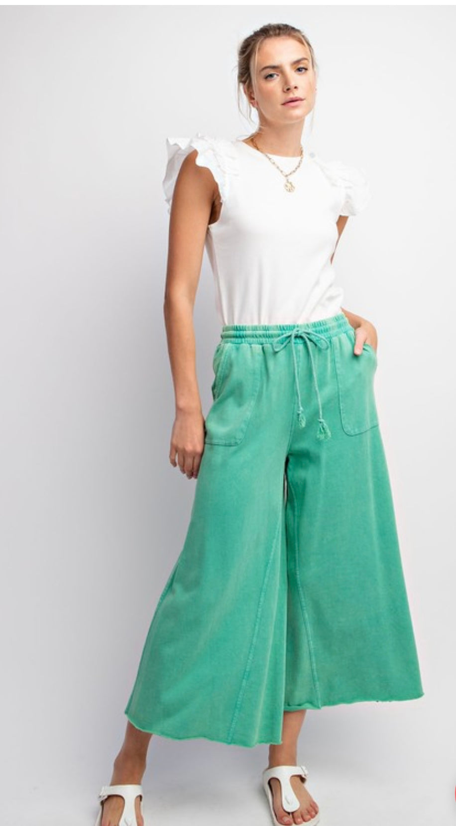 Evergreen Washed Terry Wide Leg Pants