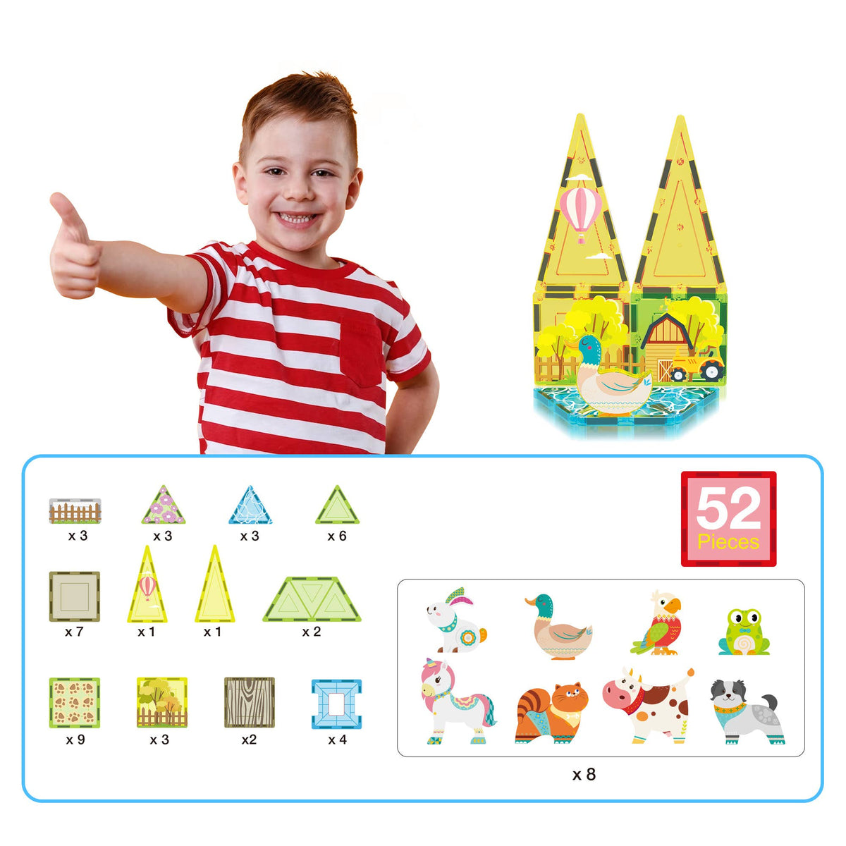 PicassoTiles 52pc Farm Theme Magnetic Tile Building Set