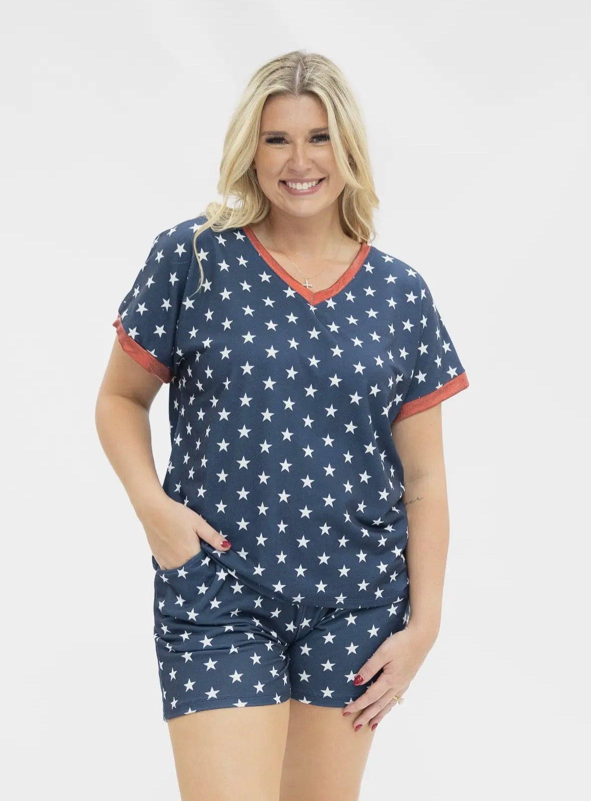 Blue & White Stars V Neck Top
