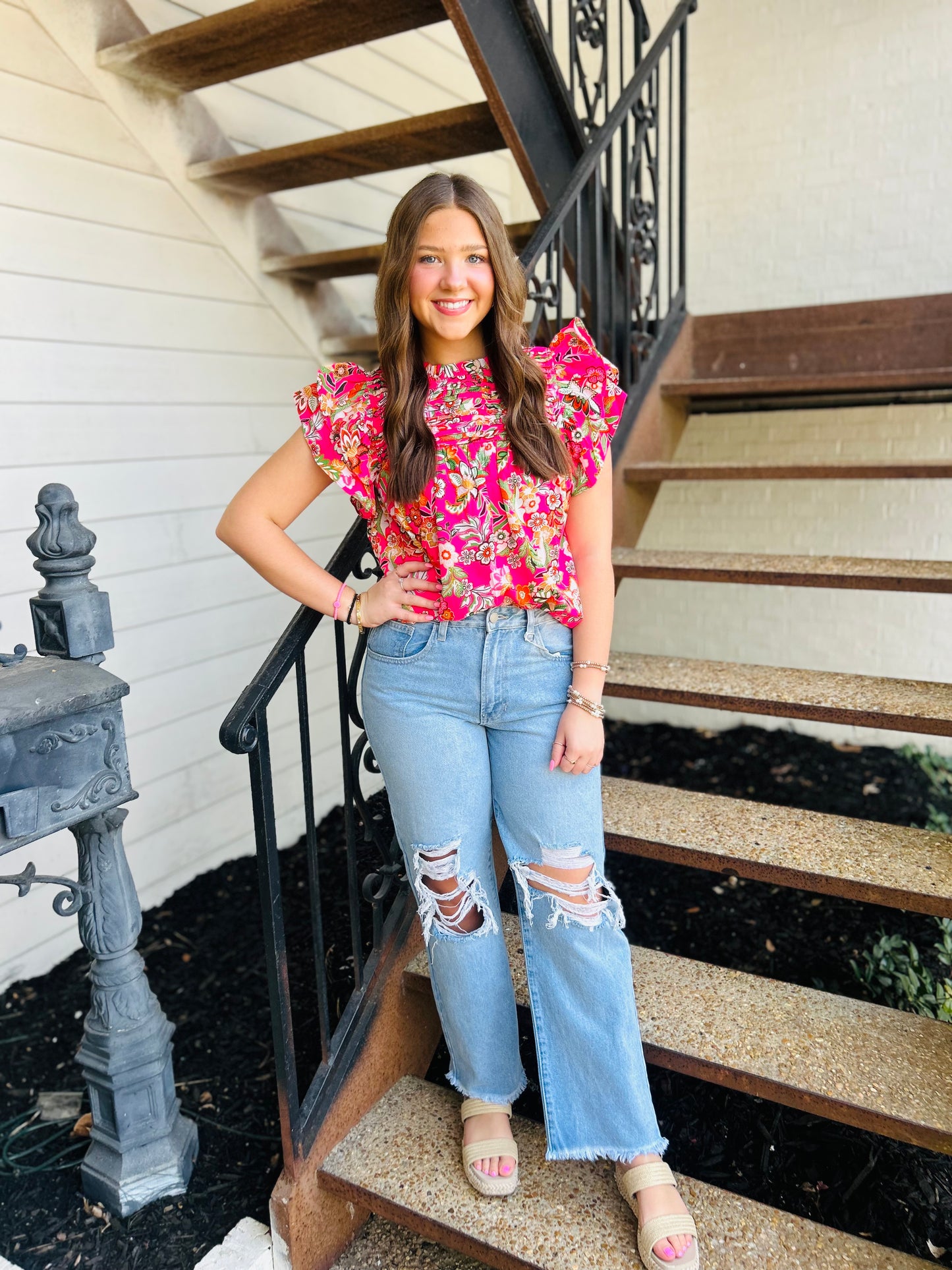 Floral Print Ruffle Sleeve Top