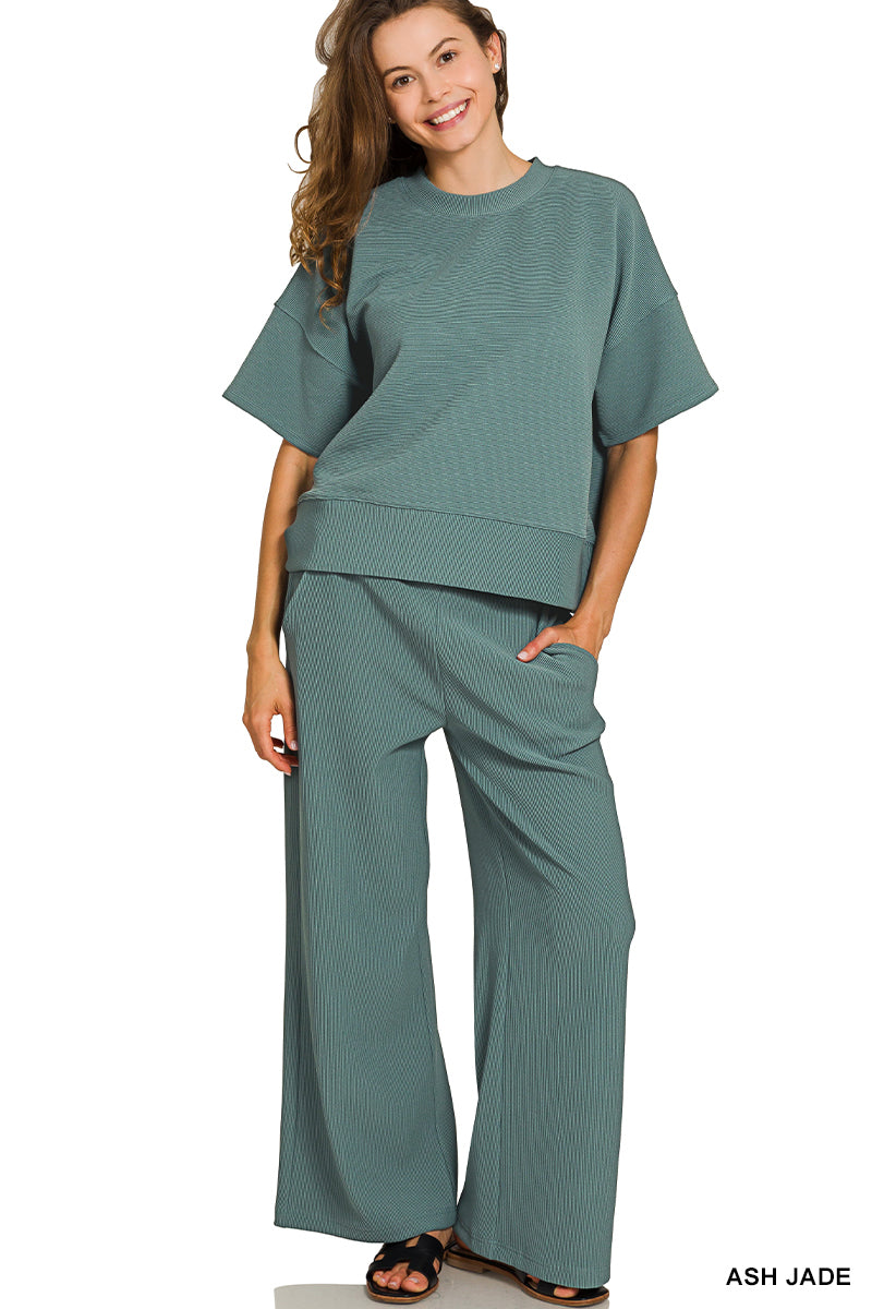 Ribbed Round Neck Pants Set