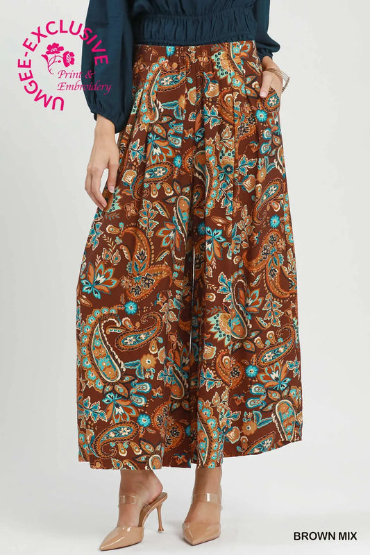 Brown Paisley Print Wide Leg Pants