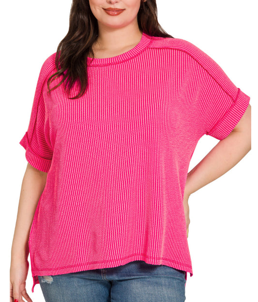 Plus Round Neck Ribbed Top