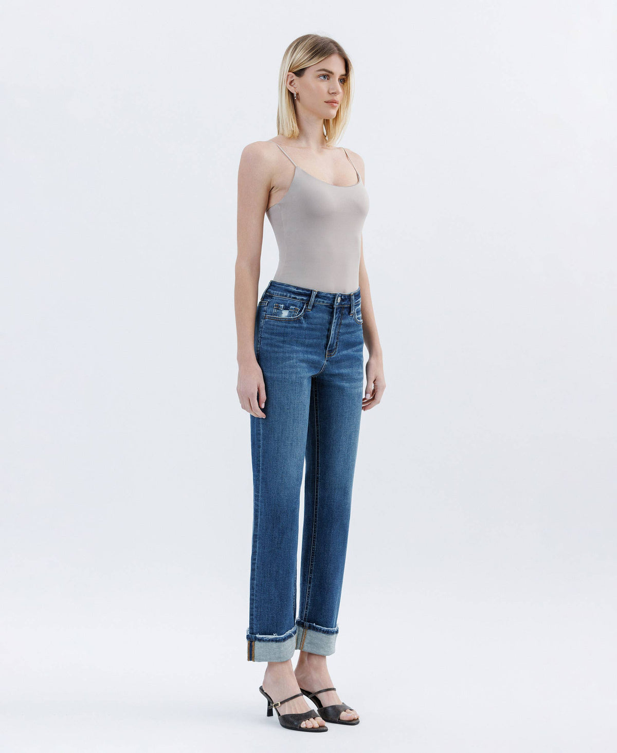 HIGH RISE DARK WASH CUFFED STRAIGHT JEANS