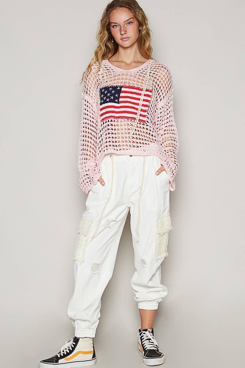 Tie waistband contrast crochet cargo pockets denim joggers