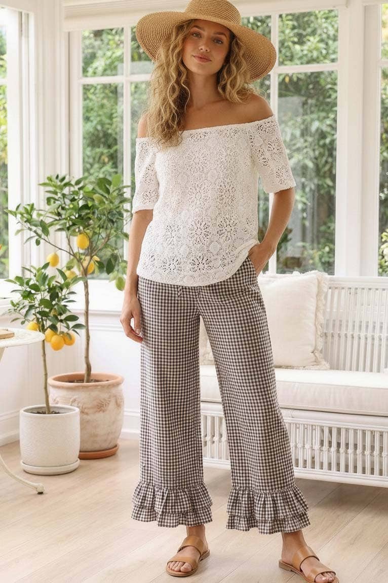 Gingham Casual Ruffled Hem 100%Cotton Cropped Pants