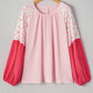 Pink Contrast Floral Patchwork Long Sleeve Plus Size Blouse