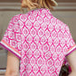 Abstract Zip Neck Contrast Short Sleeve Casual Blouse