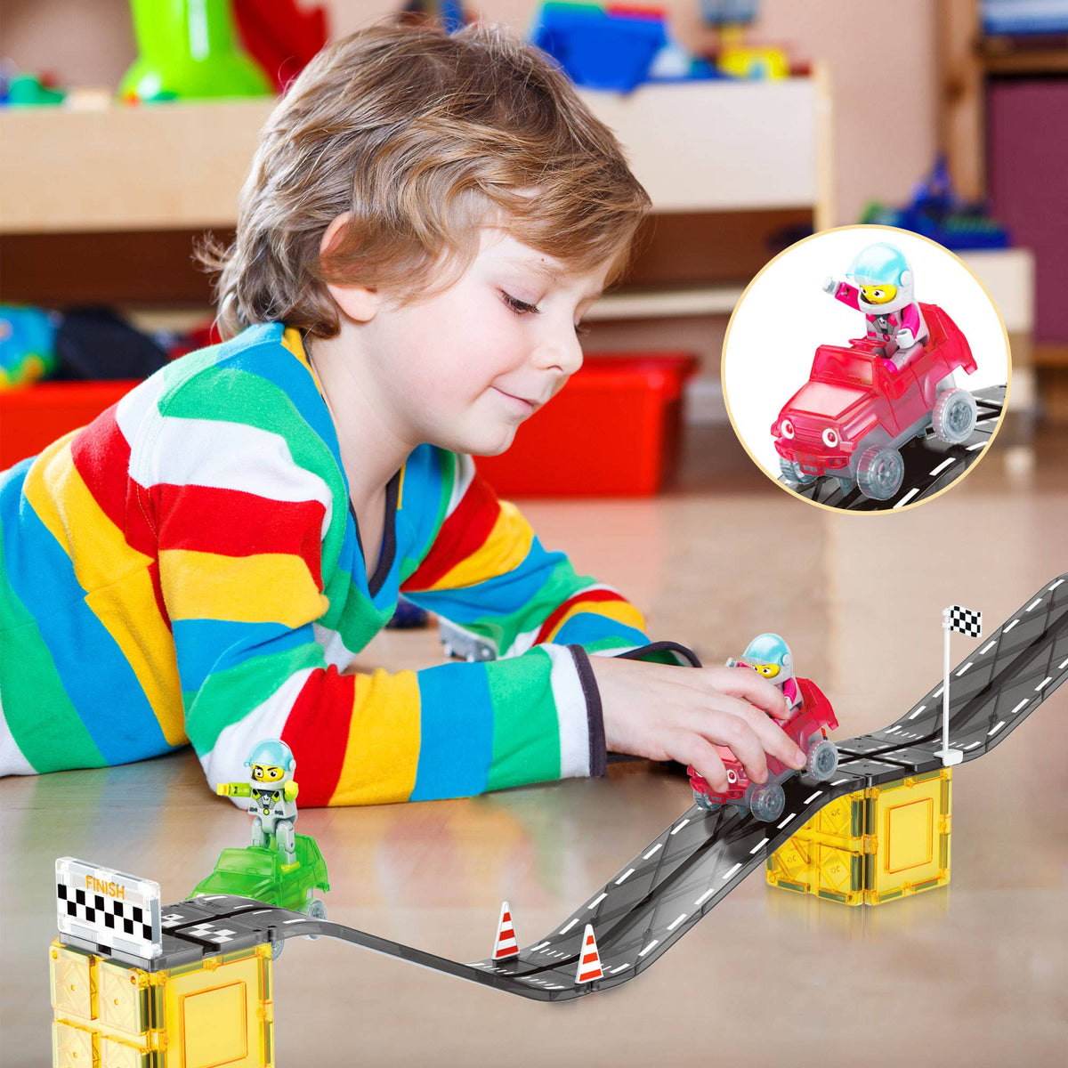 PicassoTiles Race Car Track Slider Racing Building Set
