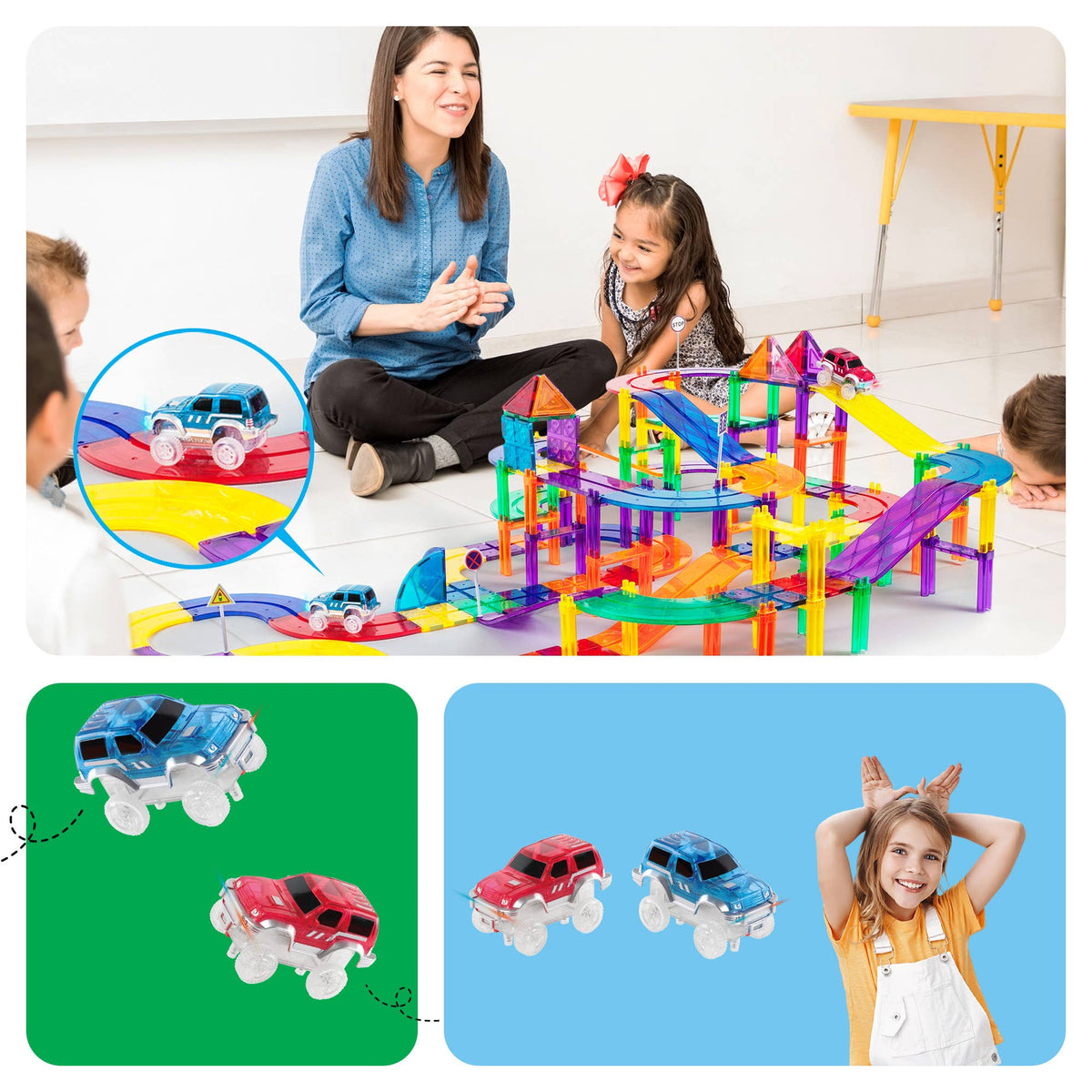 PicassoTiles 2 Pack Cars for Magnetic Race Tracks