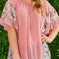 Plus Size Pink Floral Patchwork Ruffled Short Sleeve Blouse