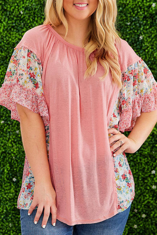 Plus Size Pink Floral Patchwork Ruffled Short Sleeve Blouse