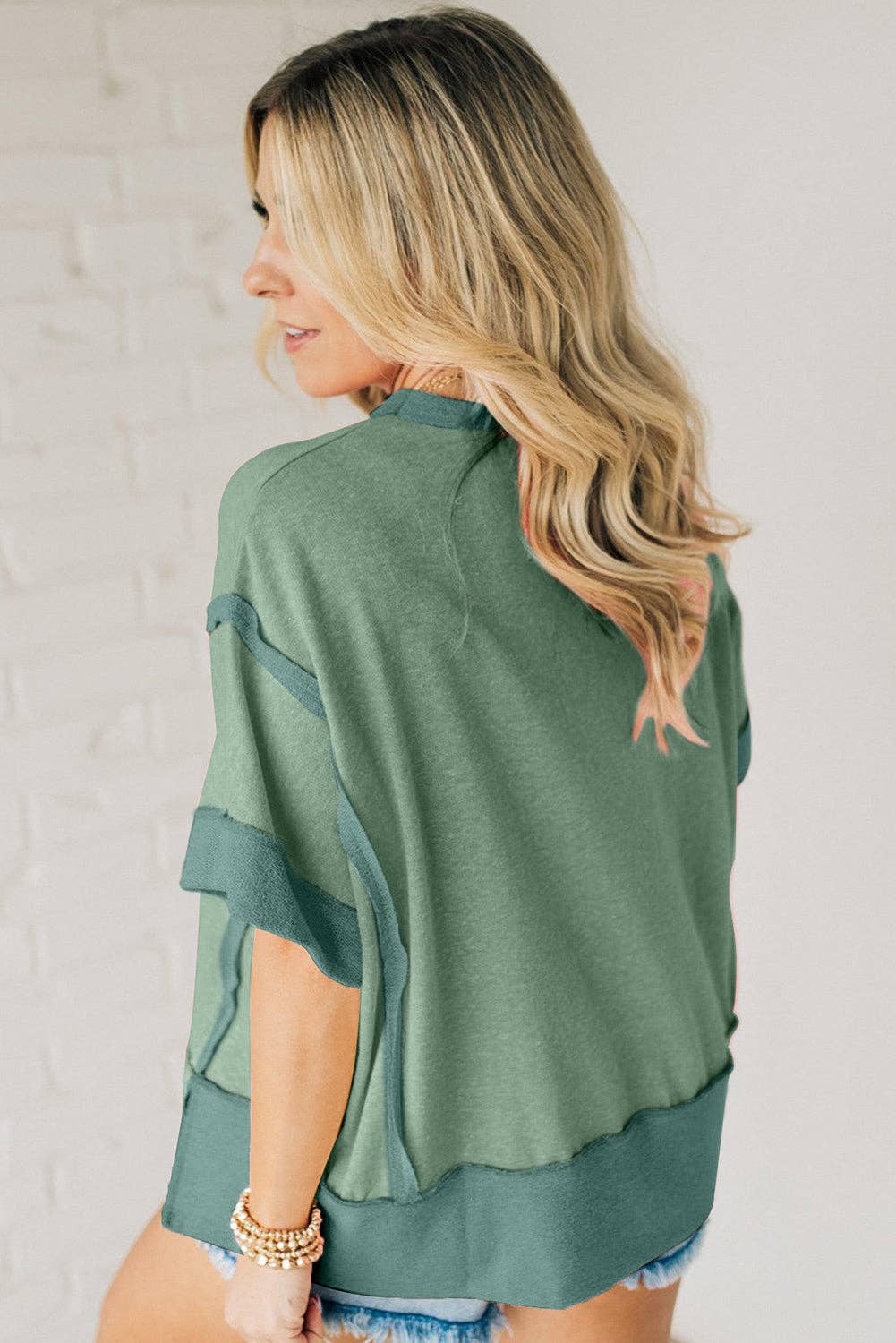 Peach Blossom Half Sleeve Raw Seam High Low Side Split Top