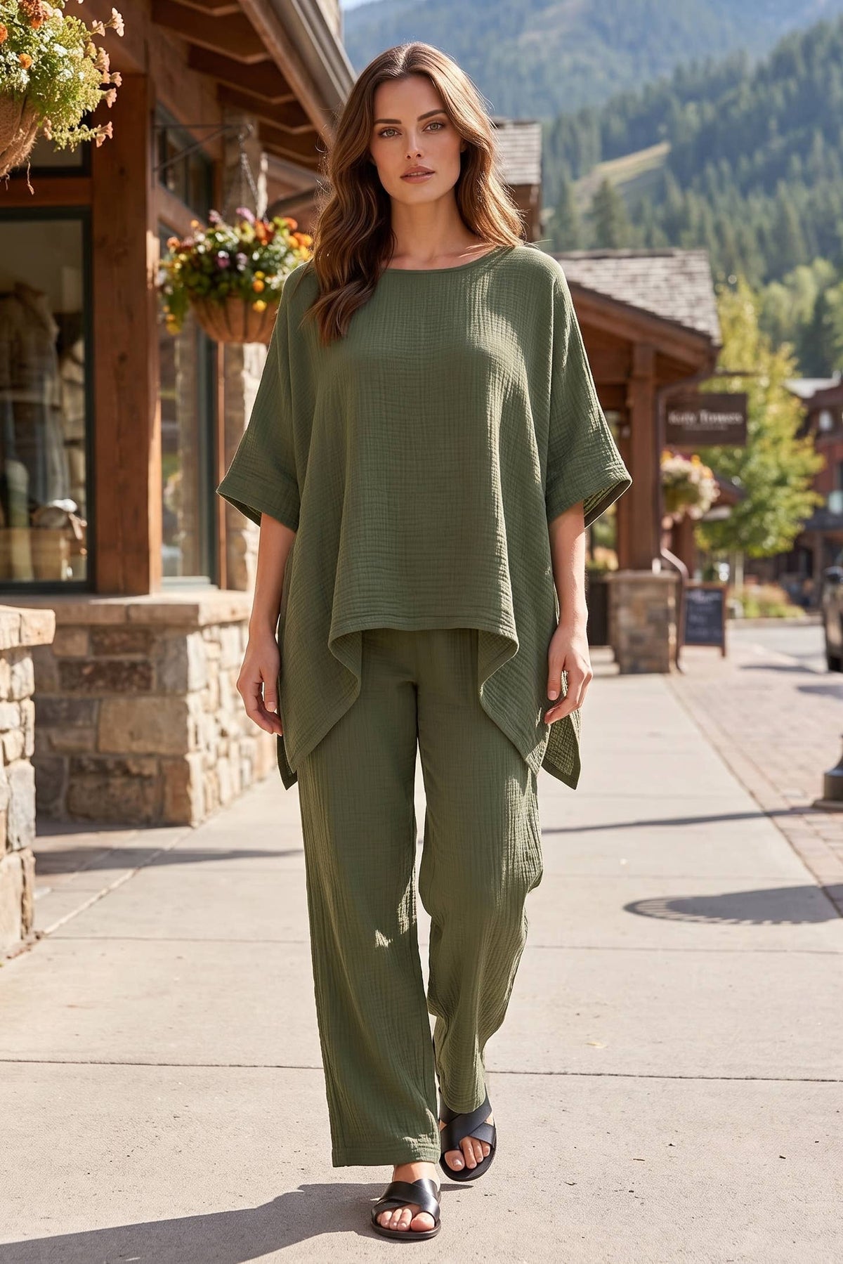 100% Cotton Poncho Style Top + Pull On Pant Set