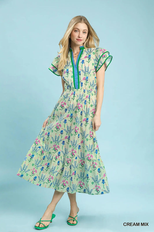 Green Floral Print Midi Dress