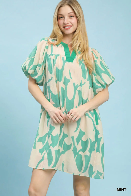 Green Abstract Puff Sleeve Dress