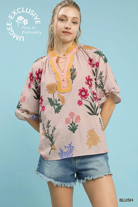 Floral Scallop Trim Collar Top