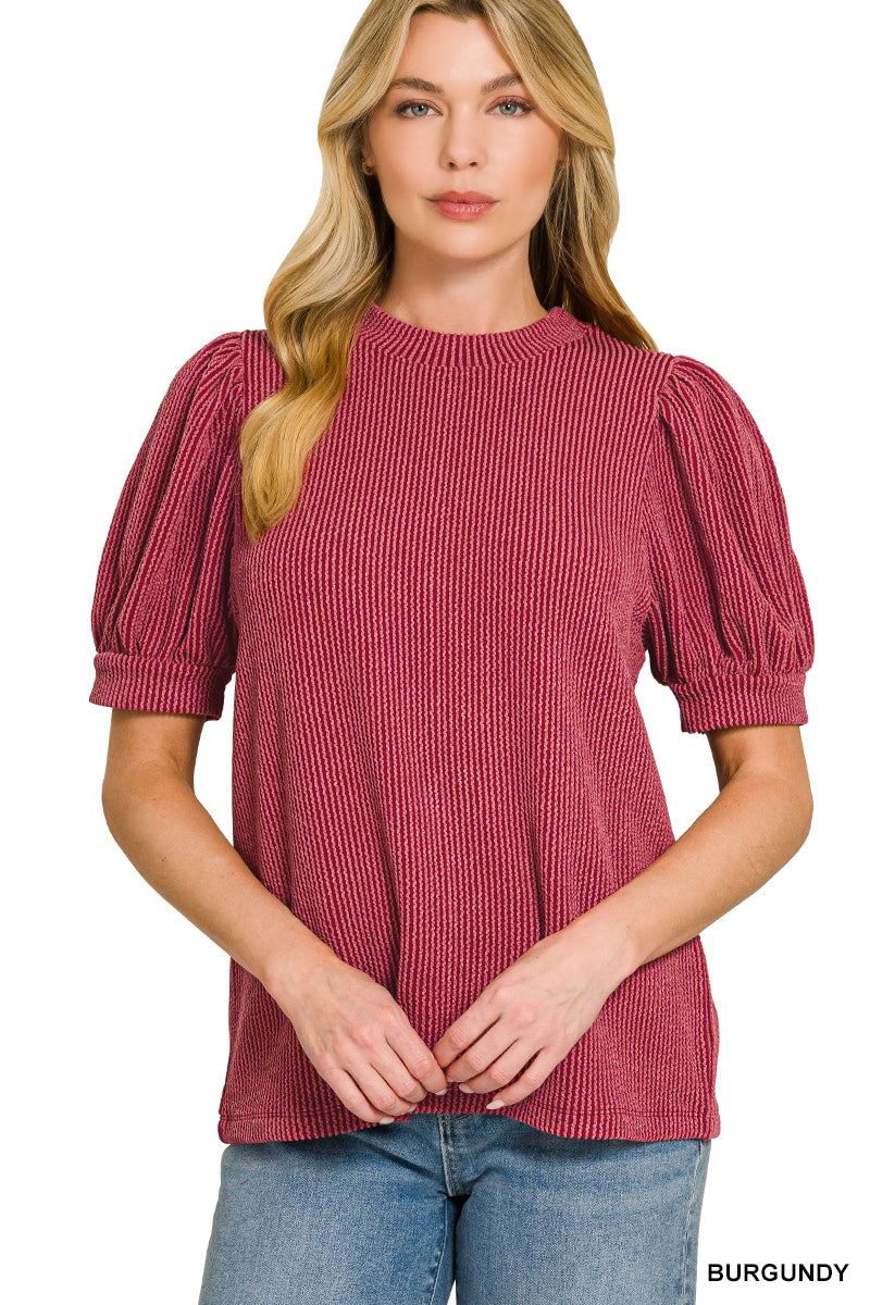 Ribbed Puff Sleeve Top