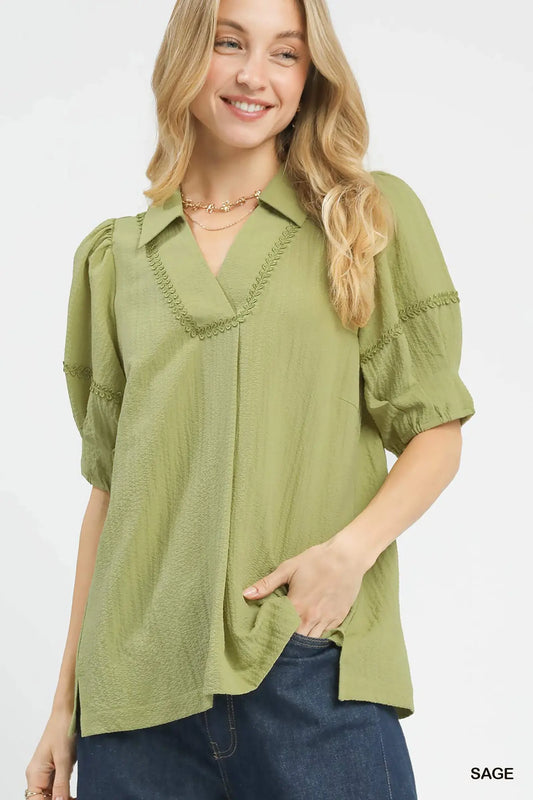 Sage Textured Puff Sleeve Top