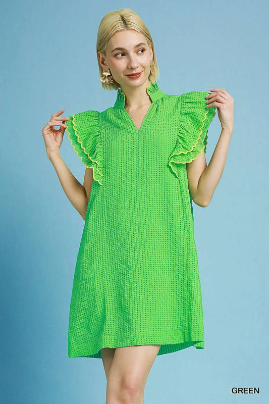 Green Flutter Sleeve Mini Dress
