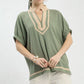 Linen Contrast Trim V-Neck Blouse