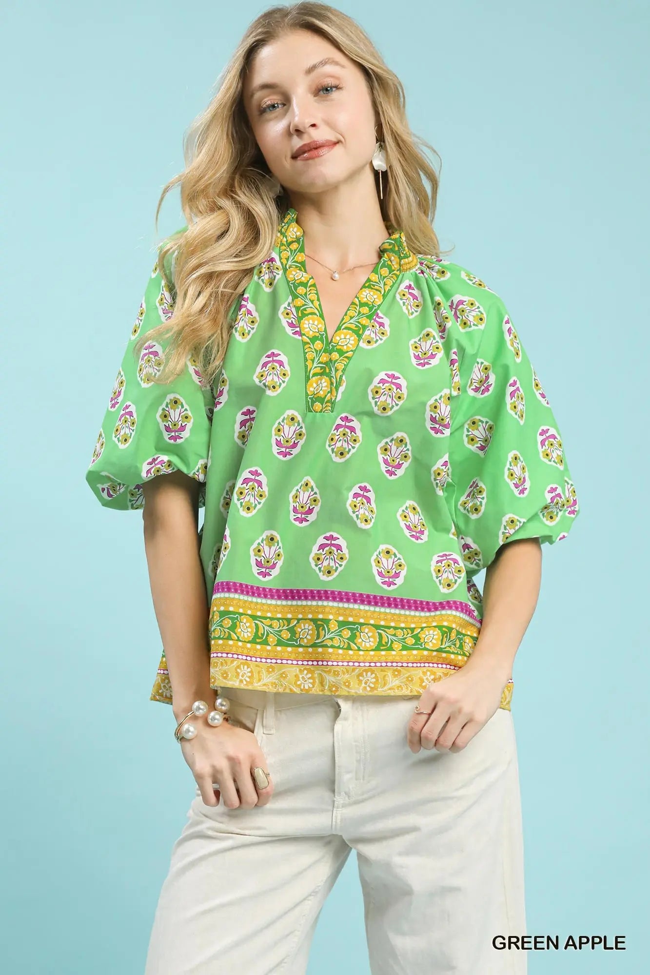 Green Puff Sleeve Blouse