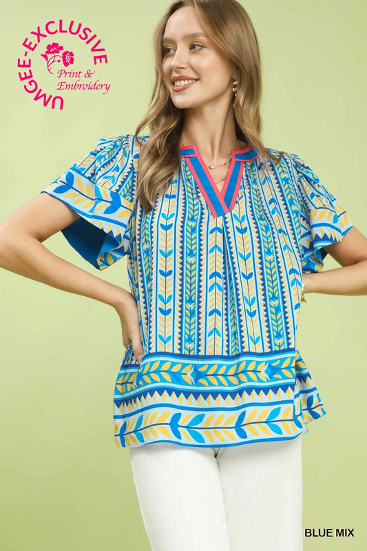Blue Geometric Print Top