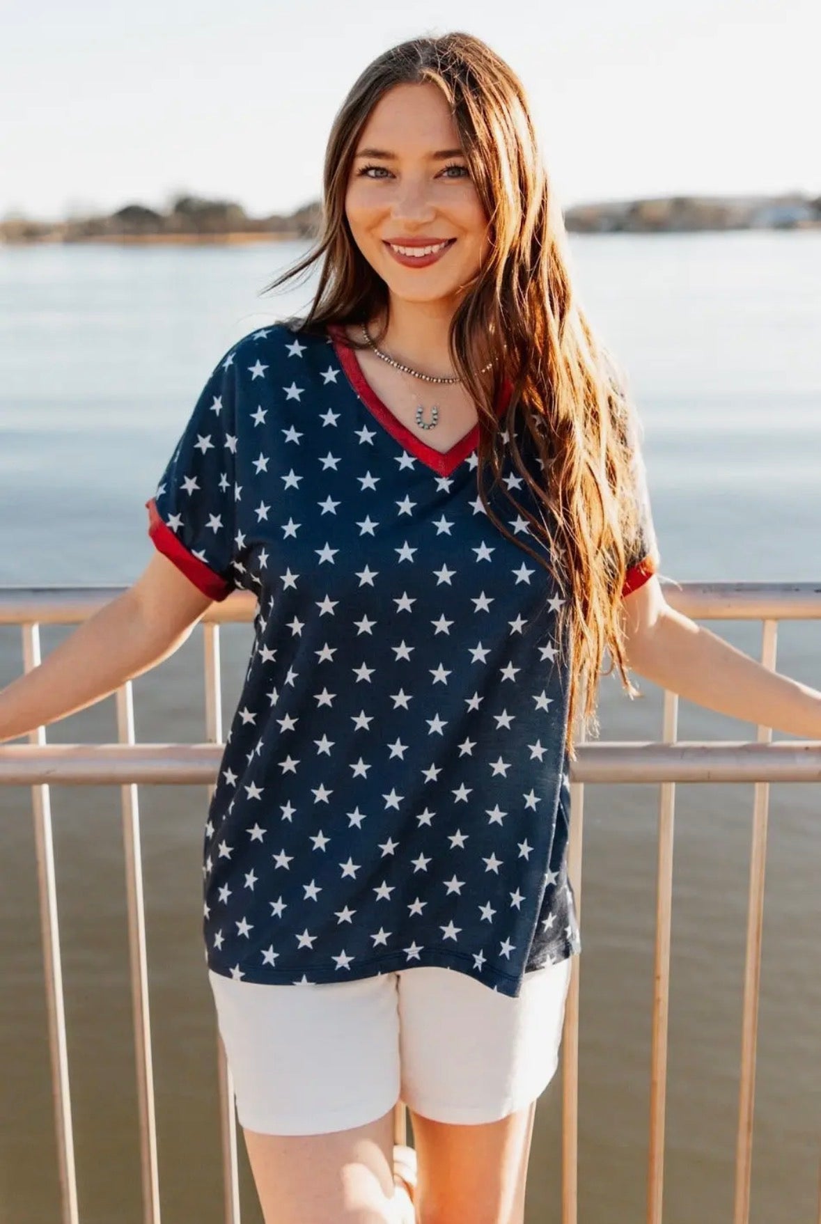 Blue & White Stars V Neck Top