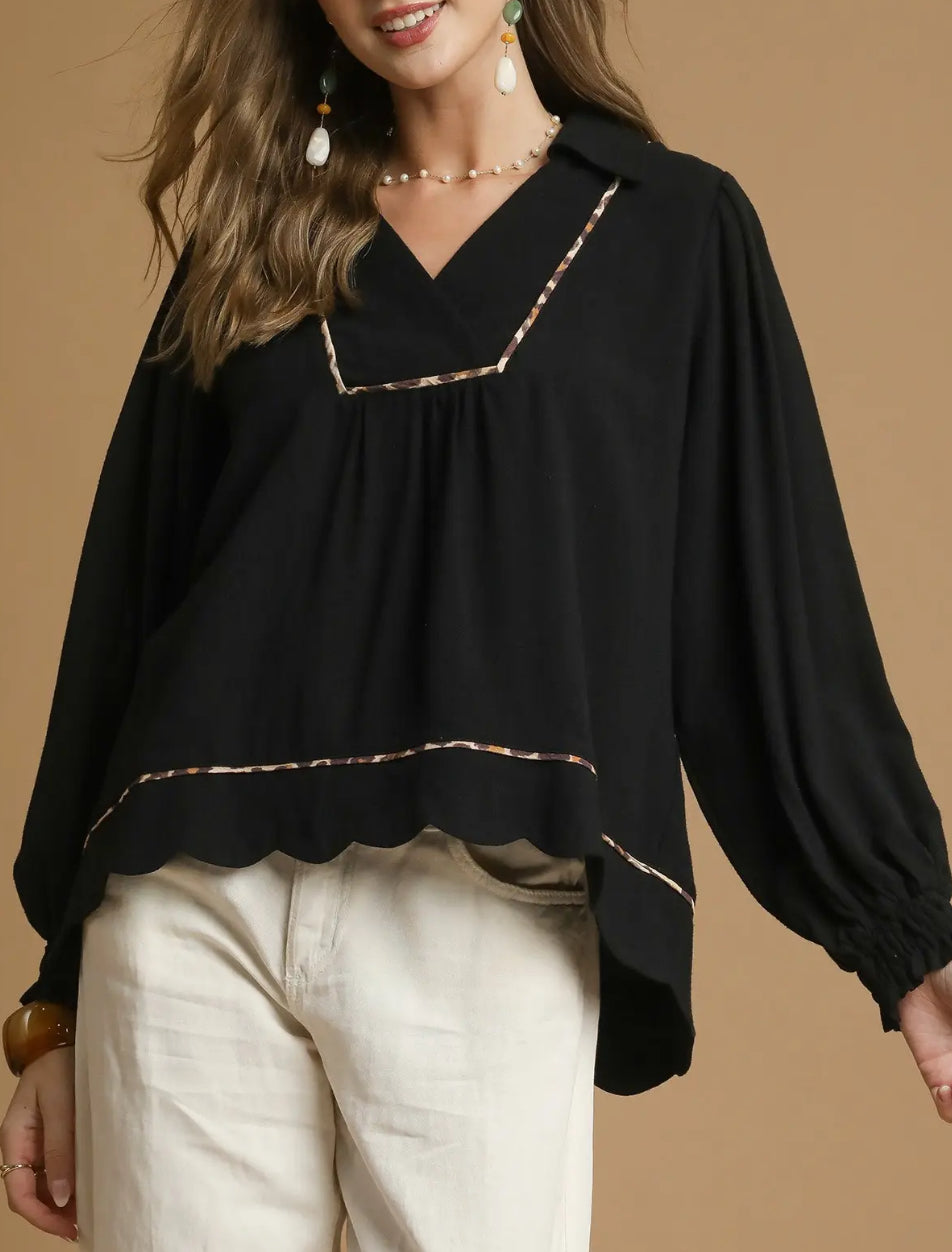 Leopard Trim Long Sleeve Top