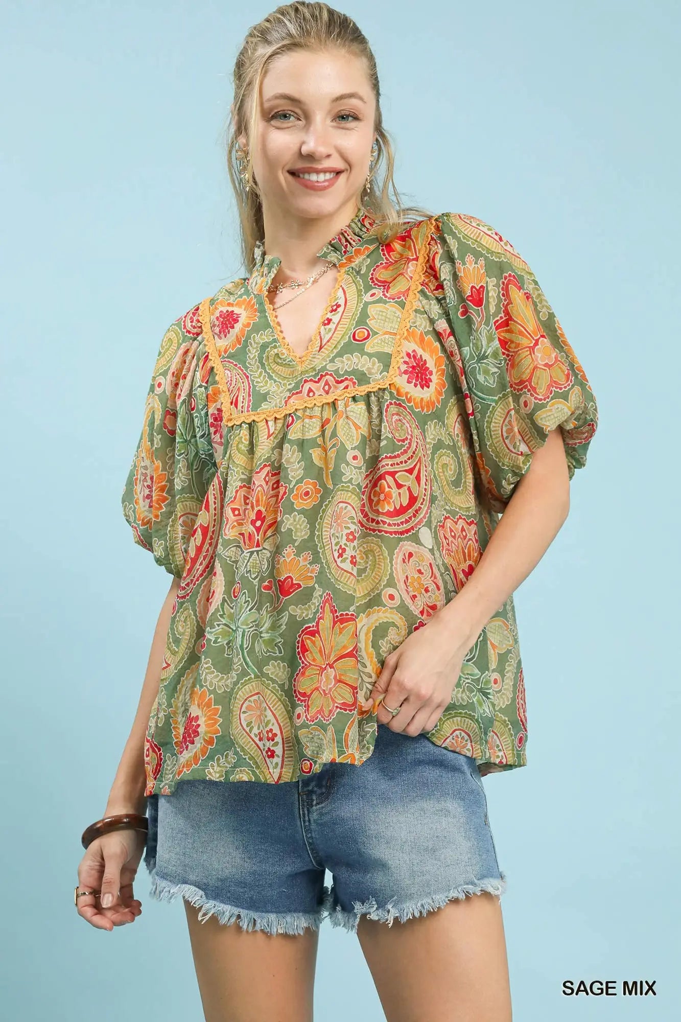 Sage Green Pattern Puff Sleeve Top
