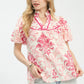 Coral Pink & White Puff Sleeve Top