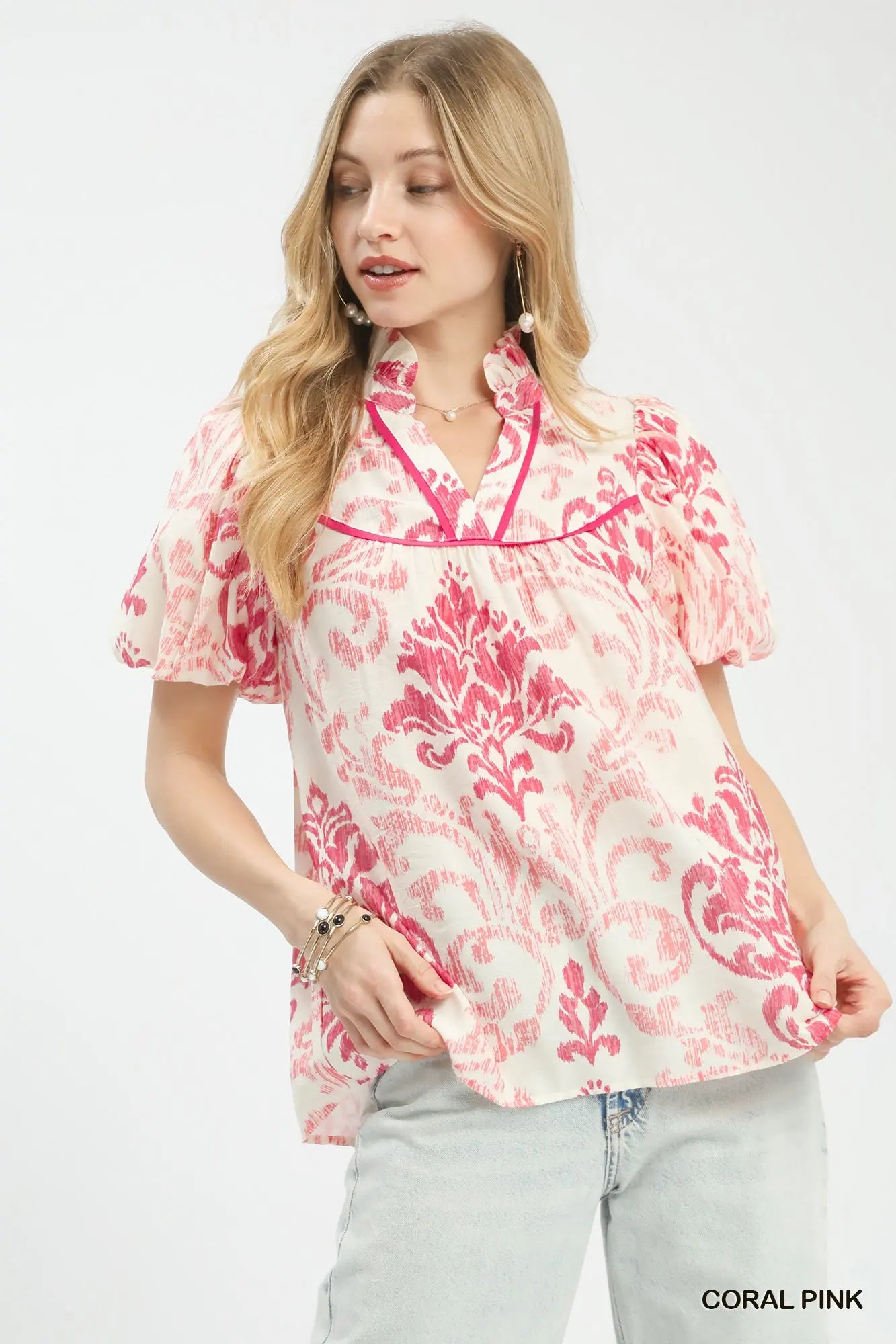 Coral Pink & White Puff Sleeve Top