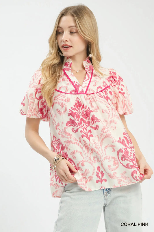Coral Pink & White Puff Sleeve Top