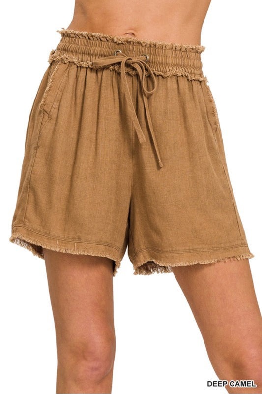 Camel Linen Frayed Shorts