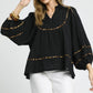 Leopard Trim Bubble Sleeve Blouse