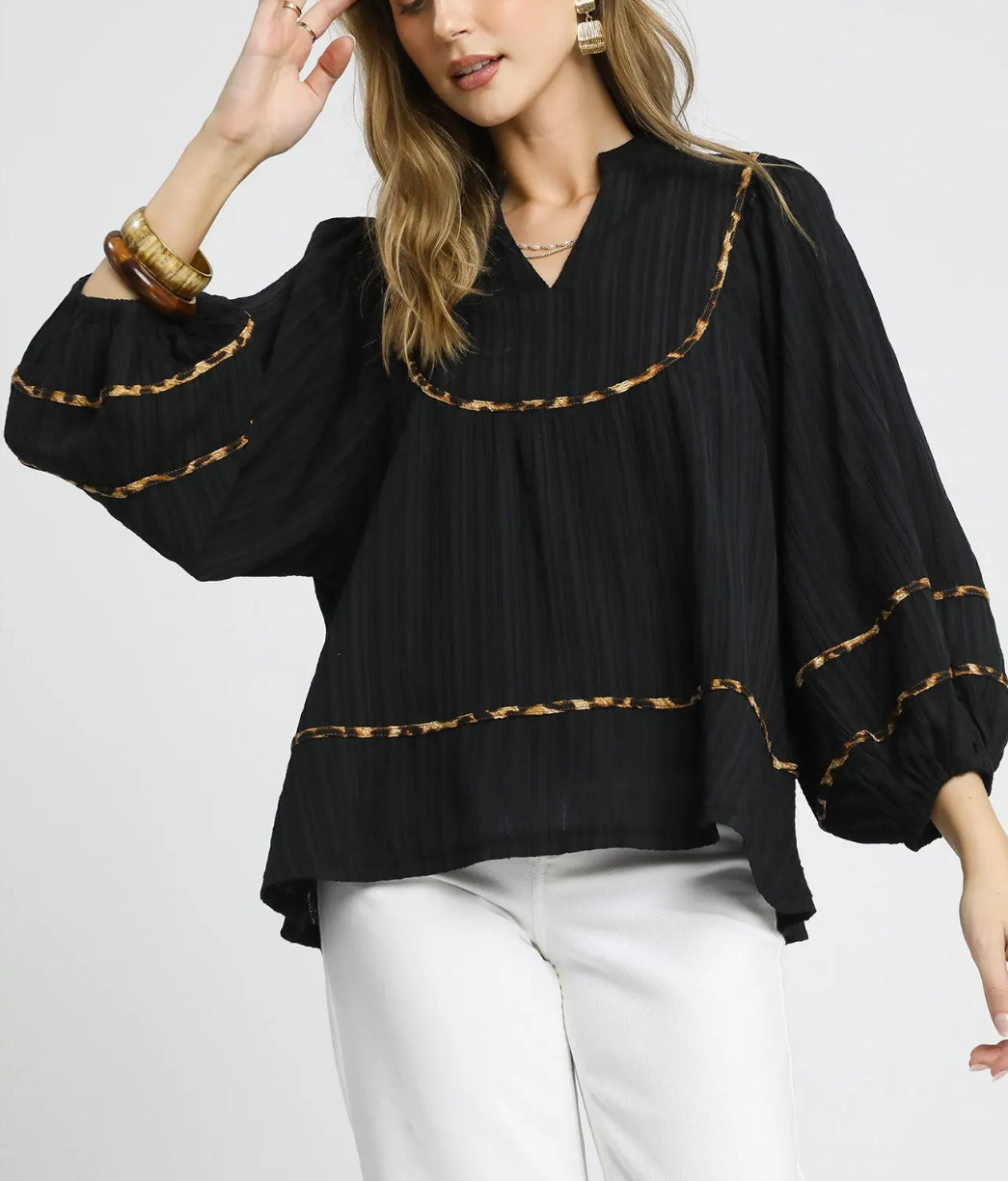 Leopard Trim Bubble Sleeve Blouse