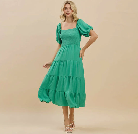 Green Smocked Midi Dress