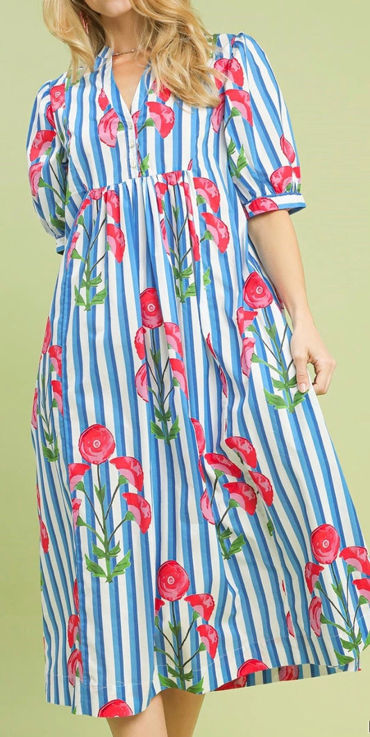 Mixed Stripe Floral Midi Dress