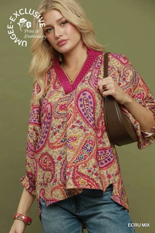 Paisley Print Embroidered Boho Blouse