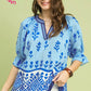 Blue Border Print Puff Sleeve Top