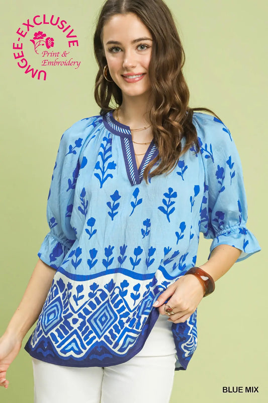Blue Border Print Puff Sleeve Top