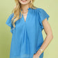 Blue V-Neck Flutter Sleeve Top