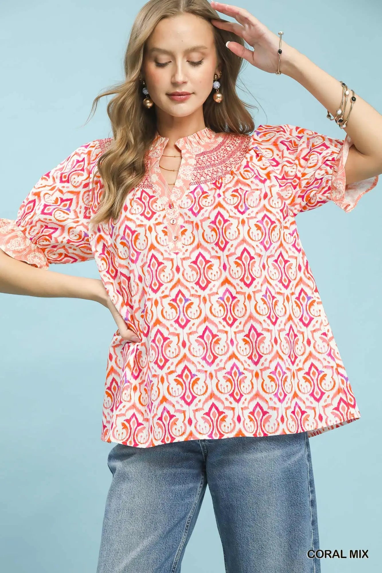 Mix Boho Puff Sleeve Smocked Top