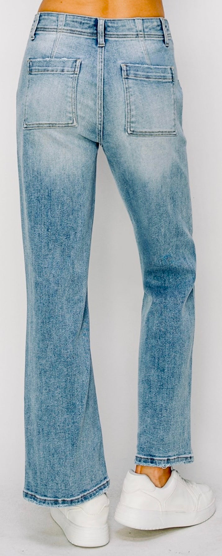 High Rise Medium Wash Ankle Flare Jeans