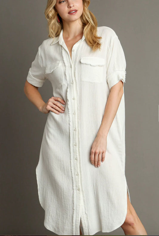 White Button Down Knee Length Dress