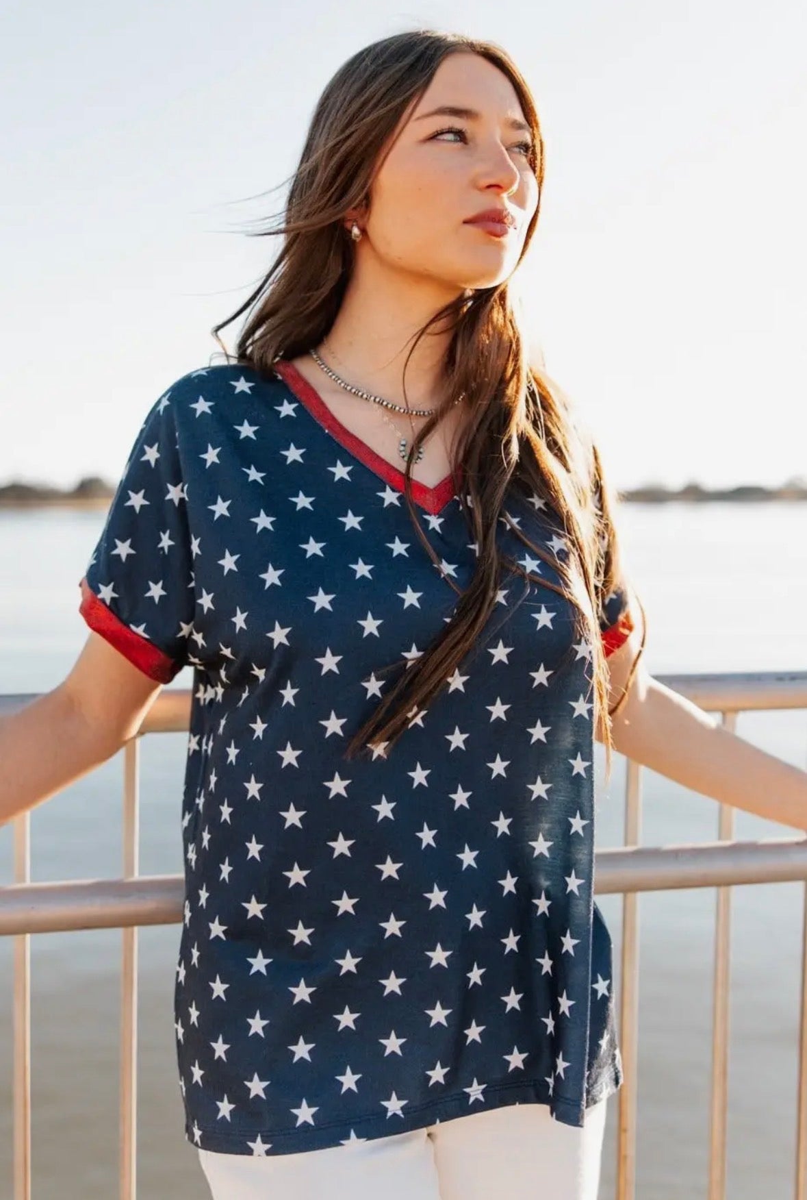 Blue & White Stars V Neck Top