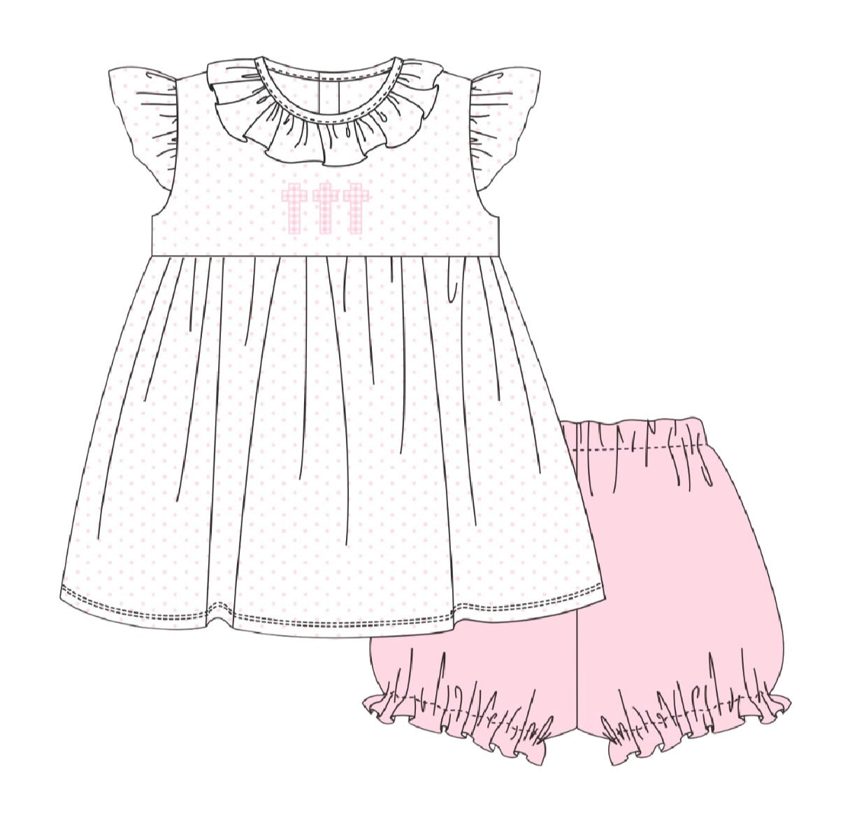 Pink Gingham Cross Trio Bubble Short Set