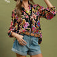Boho Floral Medallion Print Split Neck Blouse
