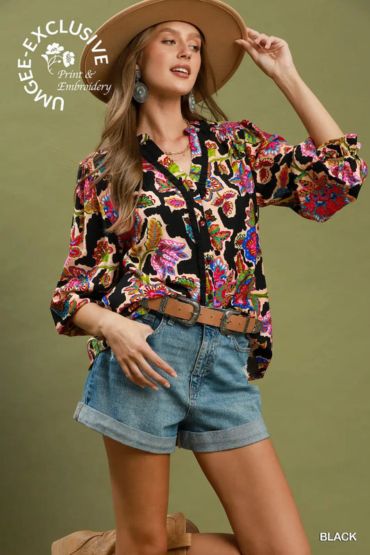Boho Floral Medallion Print Split Neck Blouse