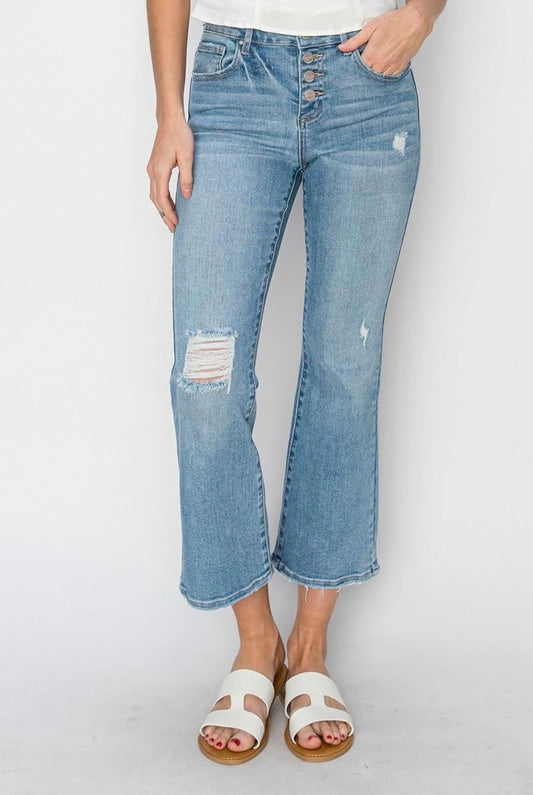 Light Wash Mid-Rise Cropped Flare Jeans